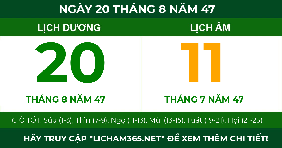 lịch âm ngày 20 tháng 8 năm 47