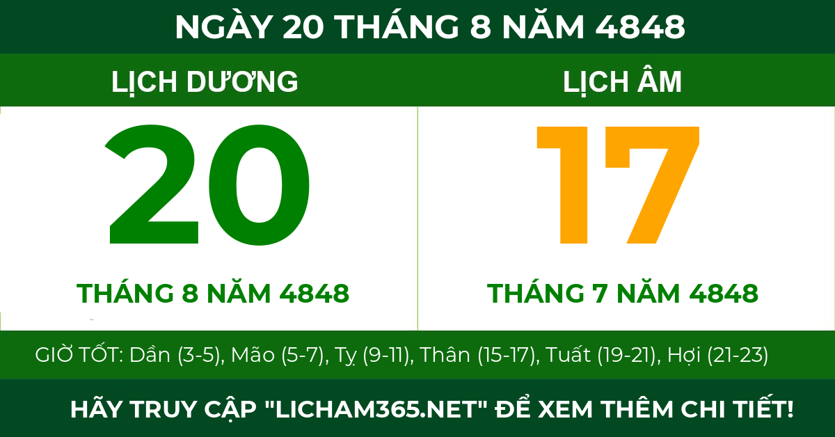 lịch âm ngày 20 tháng 8 năm 4848