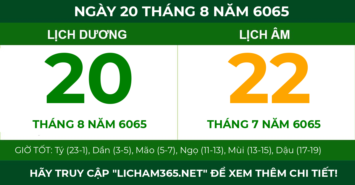 lịch âm ngày 20 tháng 8 năm 6065