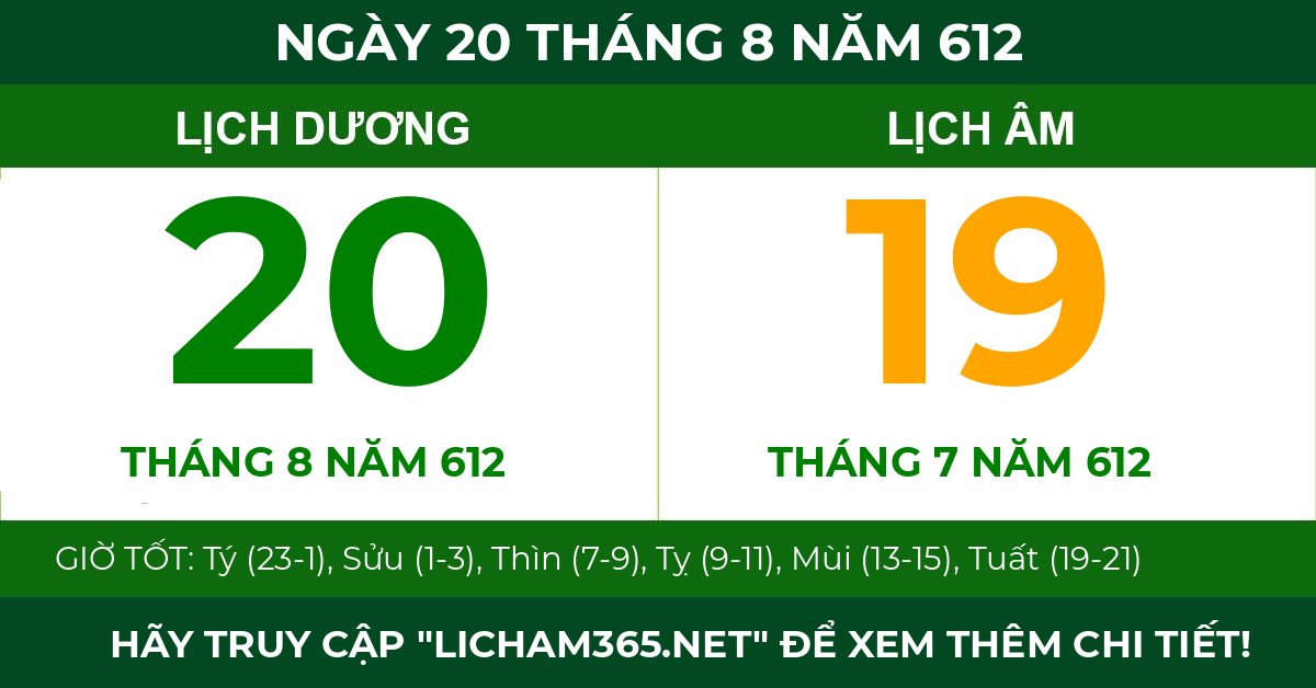 lịch âm ngày 20 tháng 8 năm 612