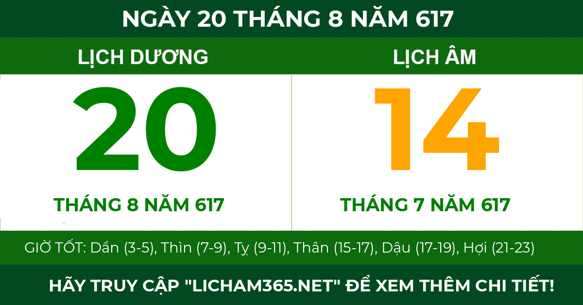 lịch âm ngày 20 tháng 8 năm 617