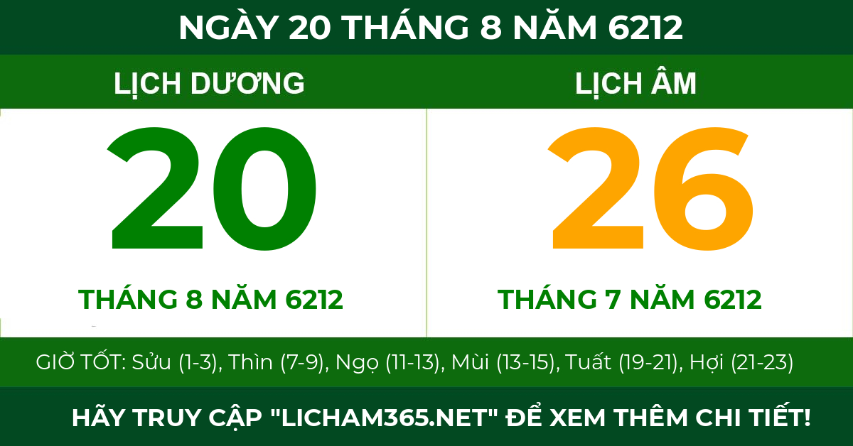 lịch âm ngày 20 tháng 8 năm 6212