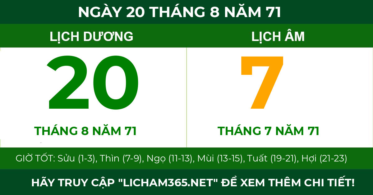 lịch âm ngày 20 tháng 8 năm 71