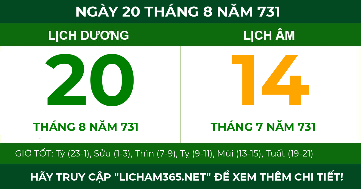 lịch âm ngày 20 tháng 8 năm 731