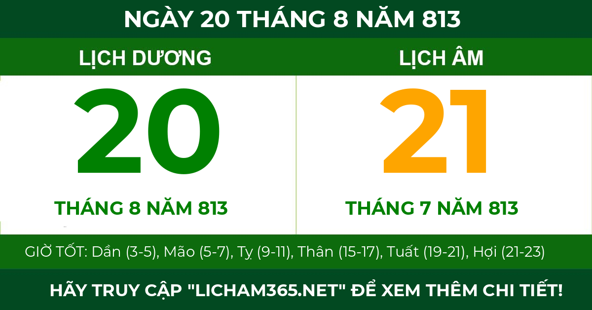 lịch âm ngày 20 tháng 8 năm 813