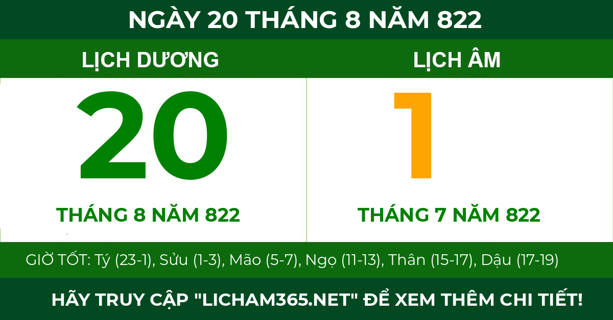 lịch âm ngày 20 tháng 8 năm 822