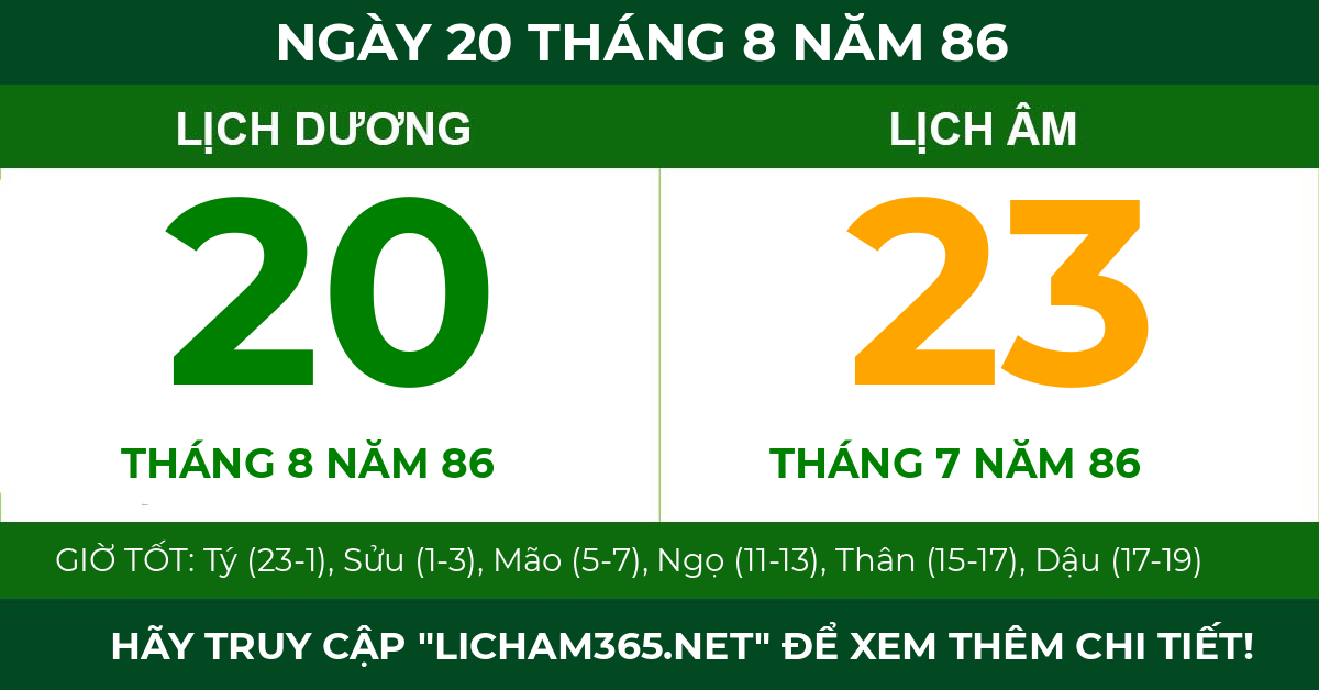 lịch âm ngày 20 tháng 8 năm 86