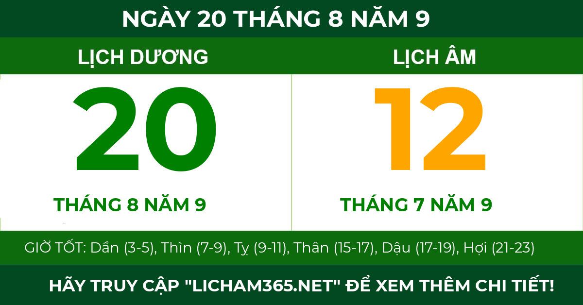 lịch âm ngày 20 tháng 8 năm 9
