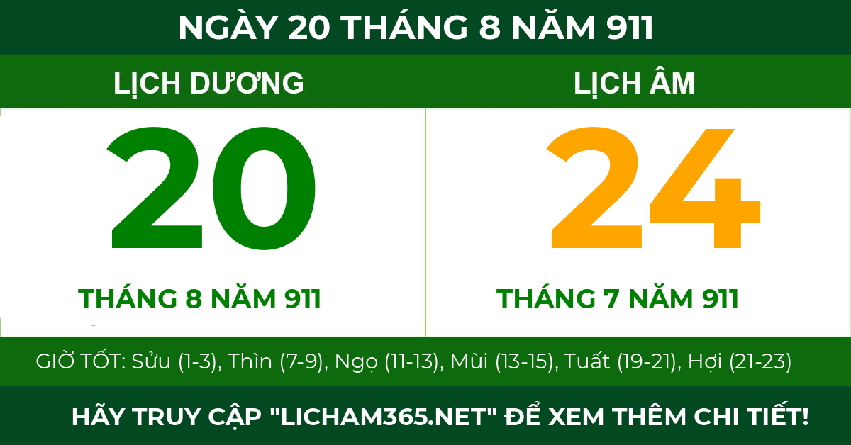 lịch âm ngày 20 tháng 8 năm 911