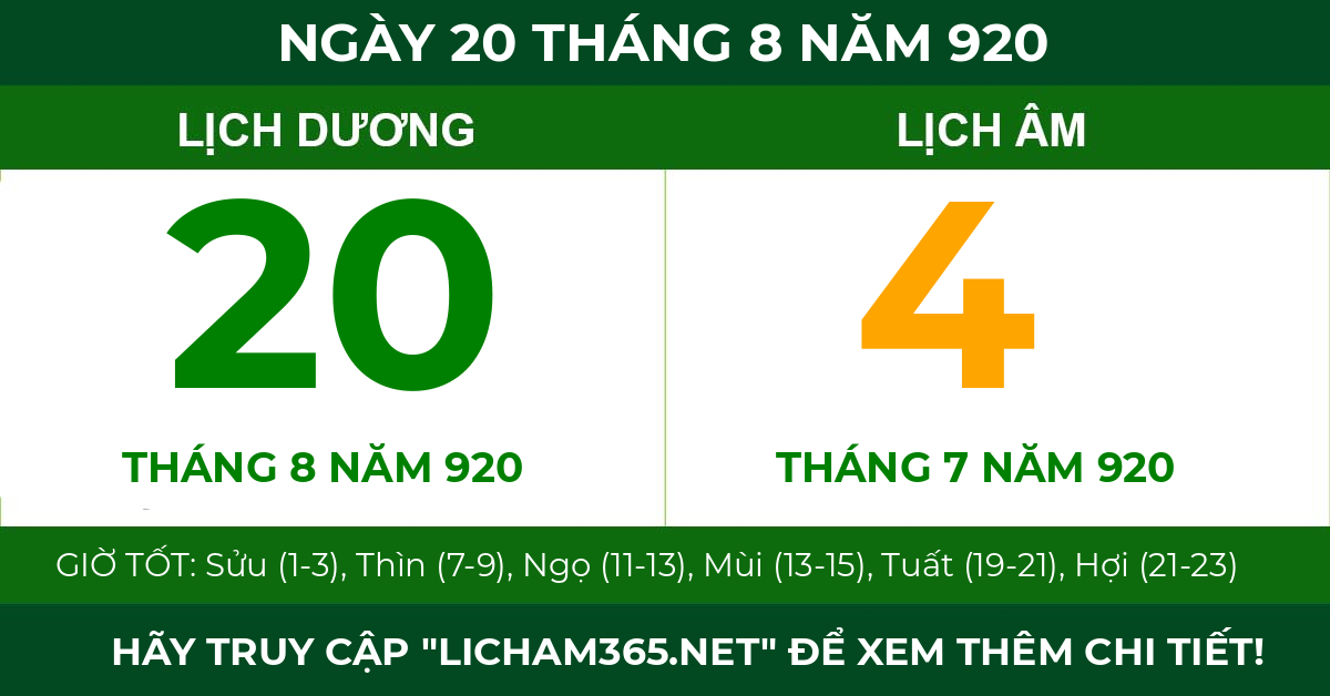 lịch âm ngày 20 tháng 8 năm 920