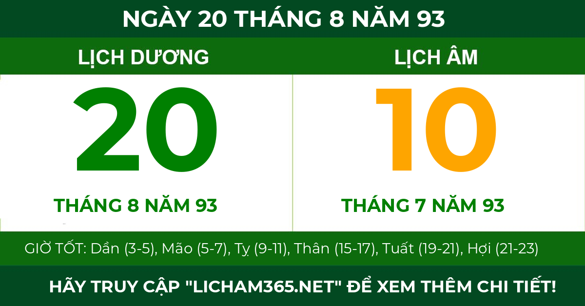 lịch âm ngày 20 tháng 8 năm 93