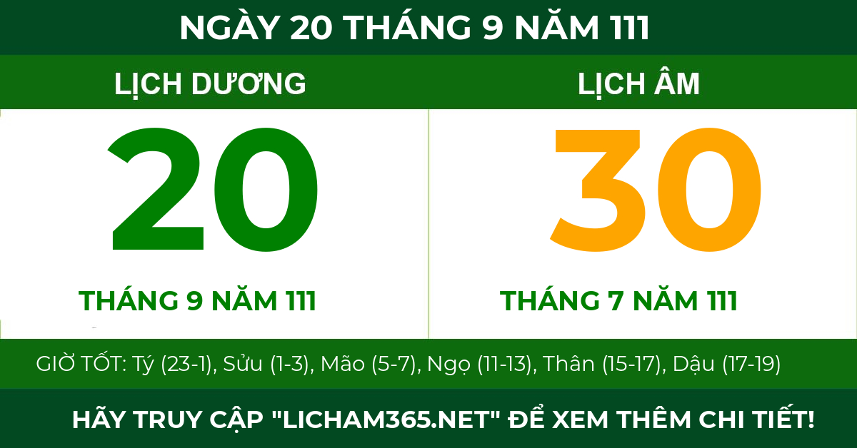 lịch âm ngày 20 tháng 9 năm 111