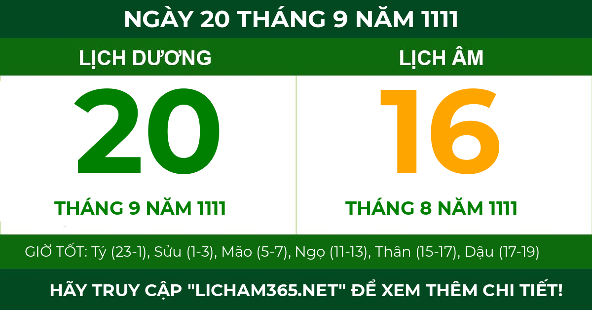 lịch âm ngày 20 tháng 9 năm 1111