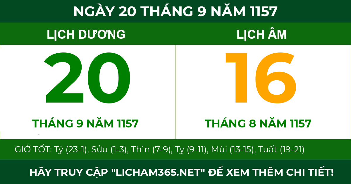 lịch âm ngày 20 tháng 9 năm 1157