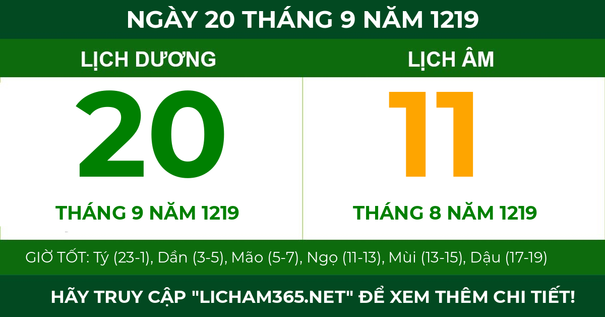 lịch âm ngày 20 tháng 9 năm 1219
