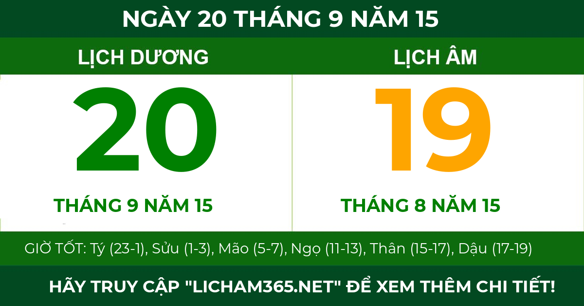lịch âm ngày 20 tháng 9 năm 15