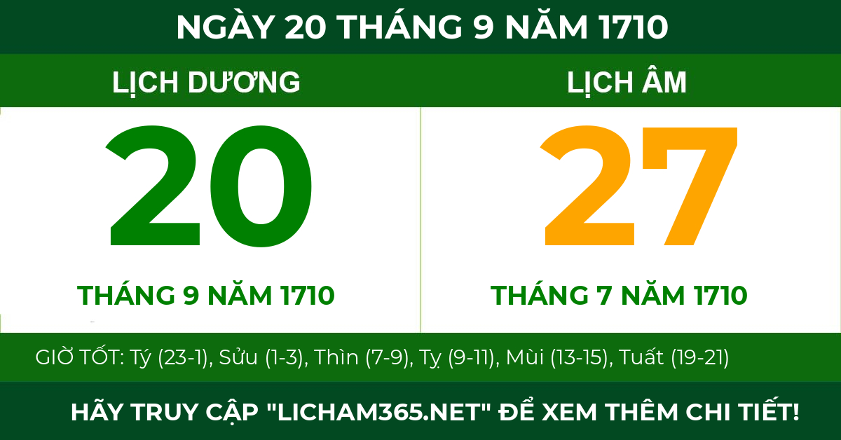 lịch âm ngày 20 tháng 9 năm 1710