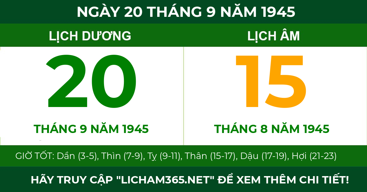lịch âm ngày 20 tháng 9 năm 1945