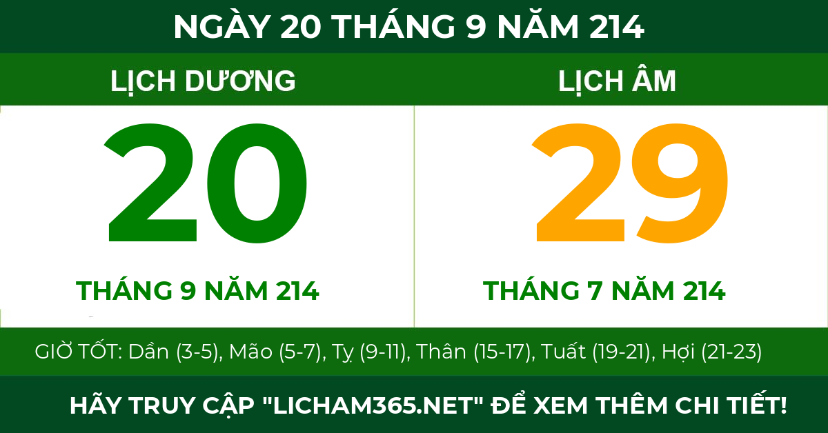 lịch âm ngày 20 tháng 9 năm 214