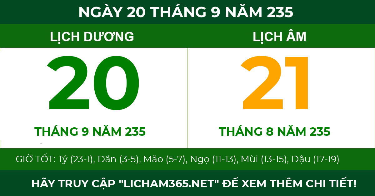 lịch âm ngày 20 tháng 9 năm 235