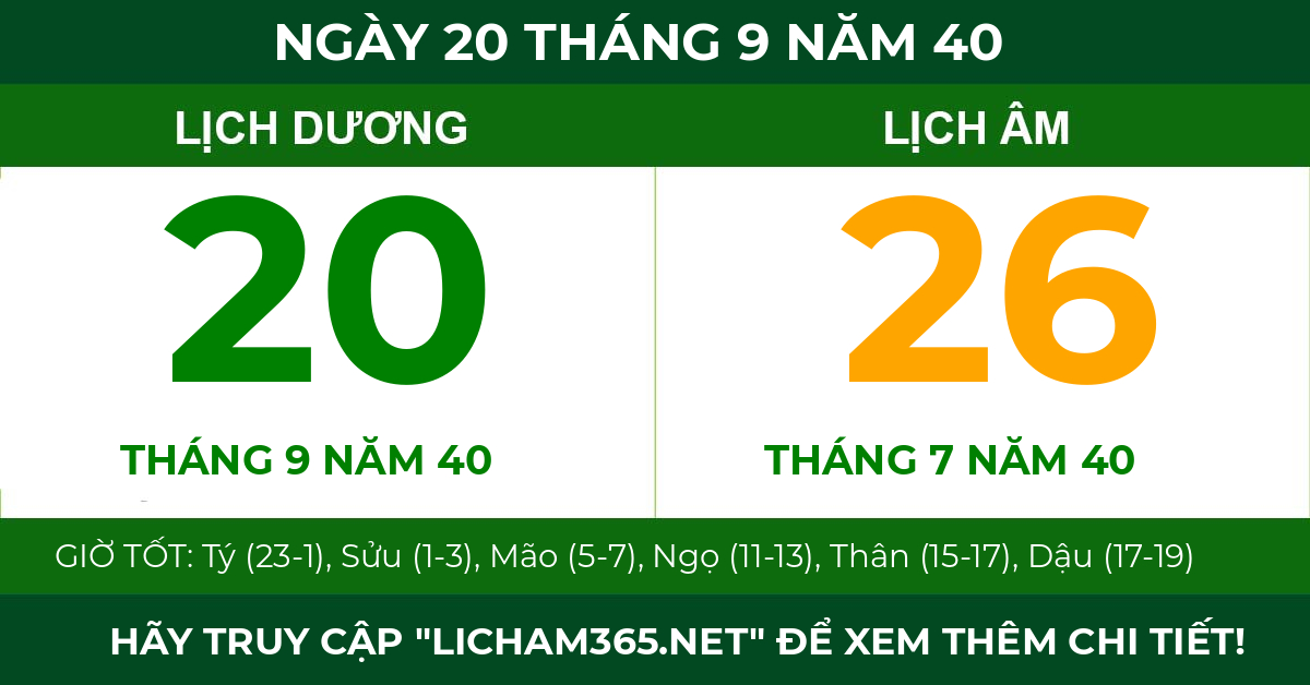 lịch âm ngày 20 tháng 9 năm 40