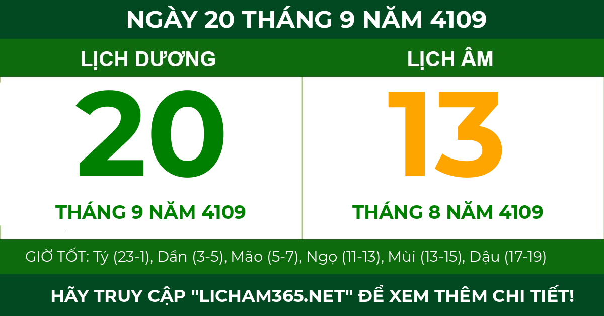 lịch âm ngày 20 tháng 9 năm 4109