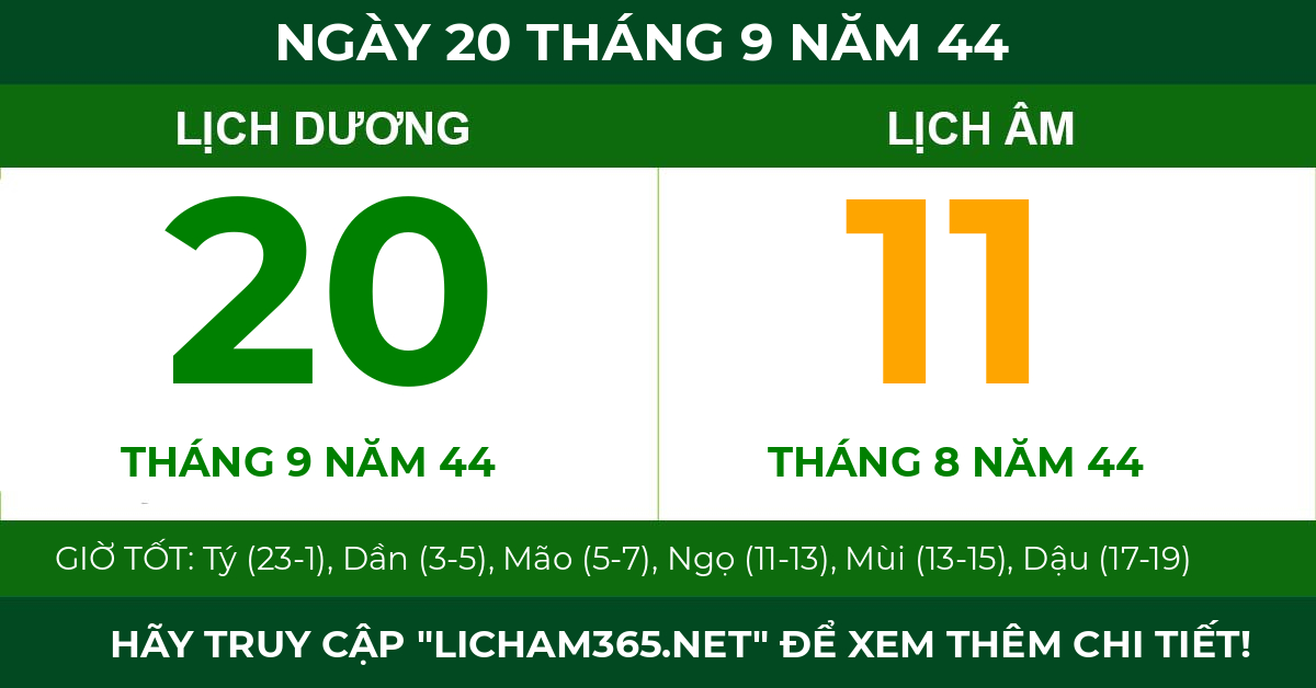 lịch âm ngày 20 tháng 9 năm 44