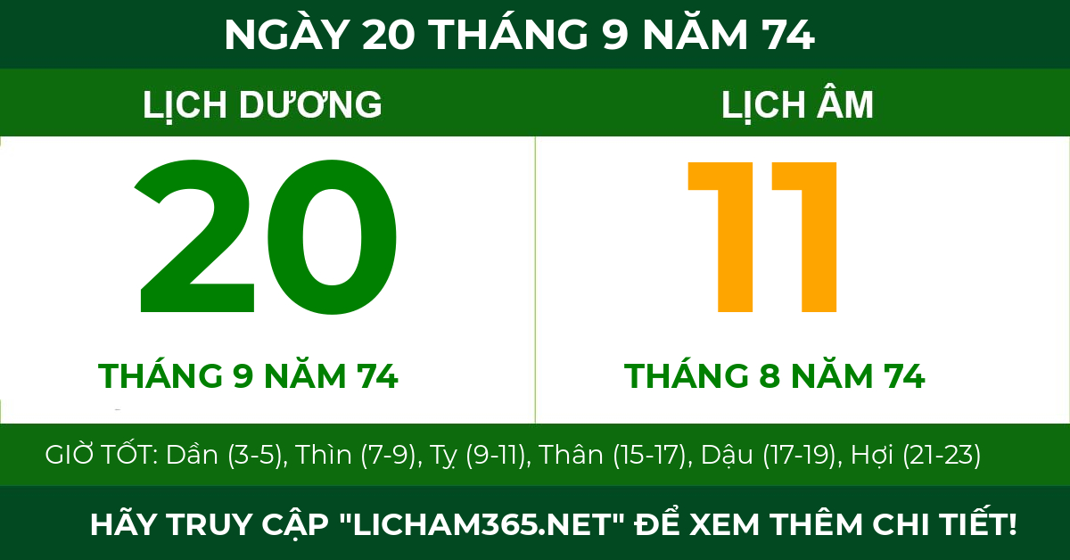 lịch âm ngày 20 tháng 9 năm 74