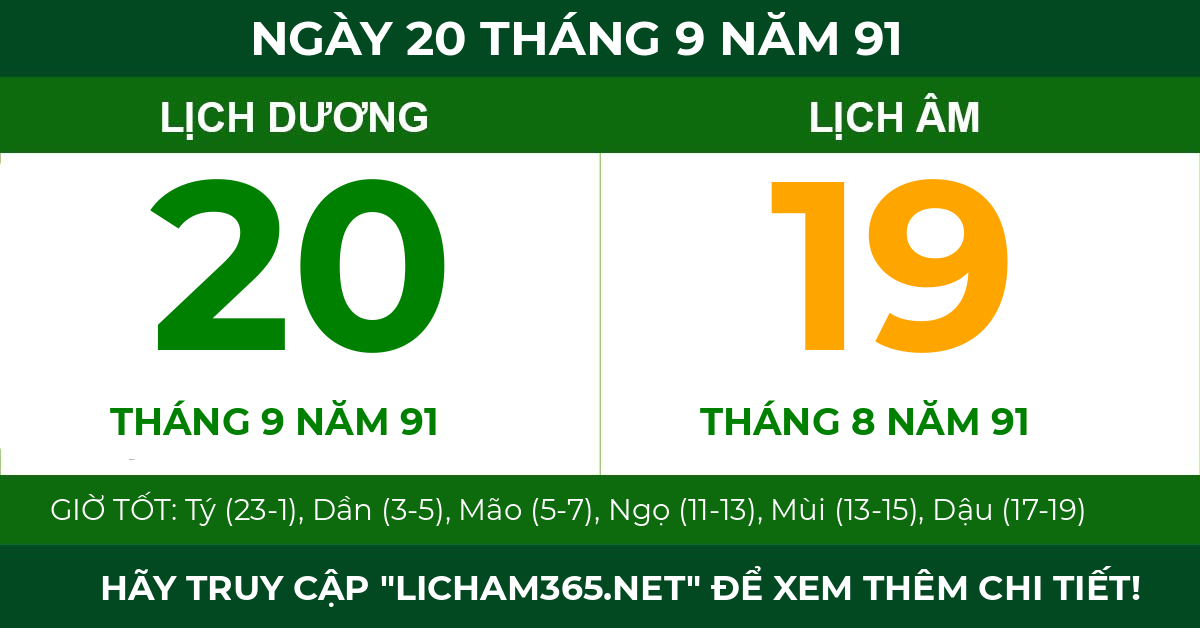 lịch âm ngày 20 tháng 9 năm 91