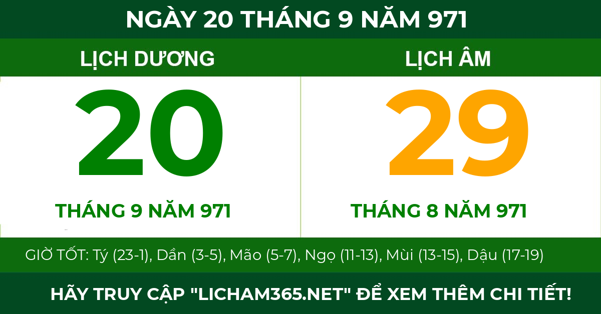 lịch âm ngày 20 tháng 9 năm 971