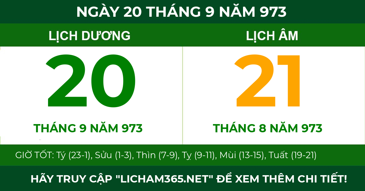 lịch âm ngày 20 tháng 9 năm 973