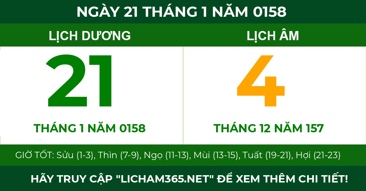 lịch âm ngày 21 tháng 1 năm 0158