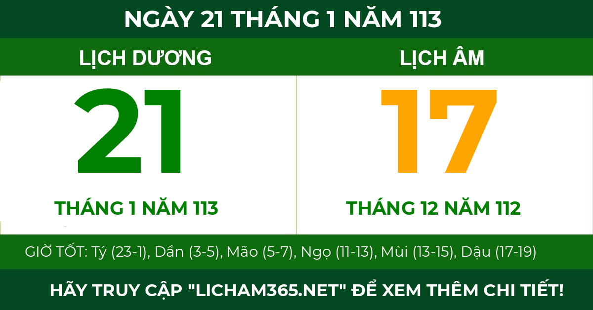 lịch âm ngày 21 tháng 1 năm 113