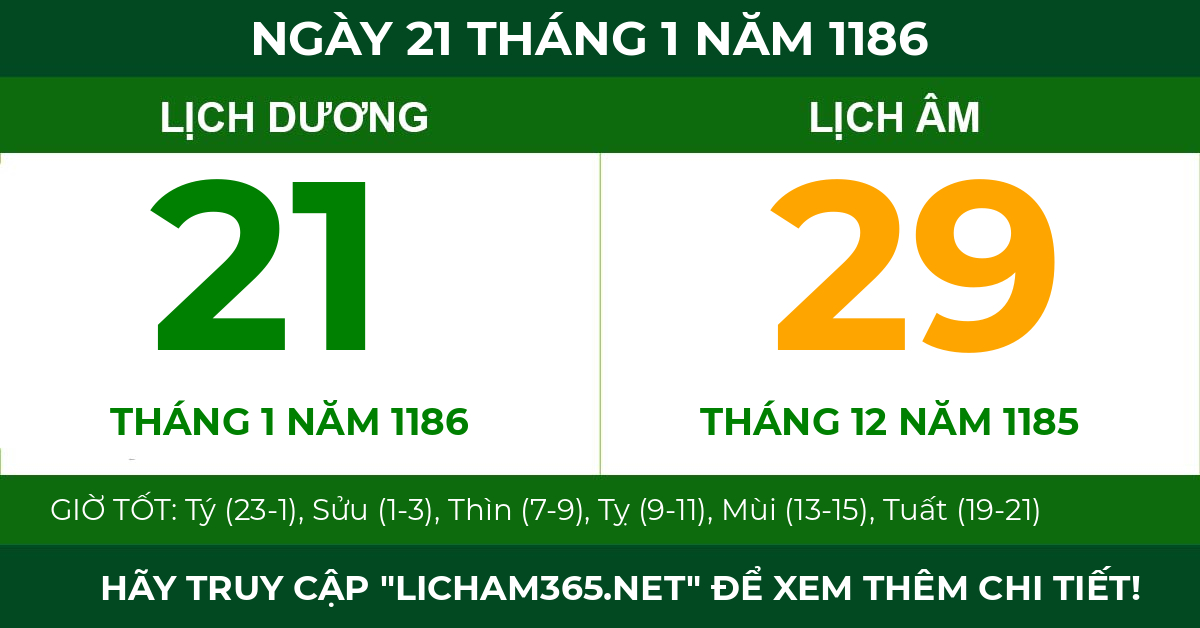 lịch âm ngày 21 tháng 1 năm 1186