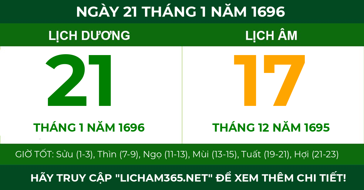 lịch âm ngày 21 tháng 1 năm 1696