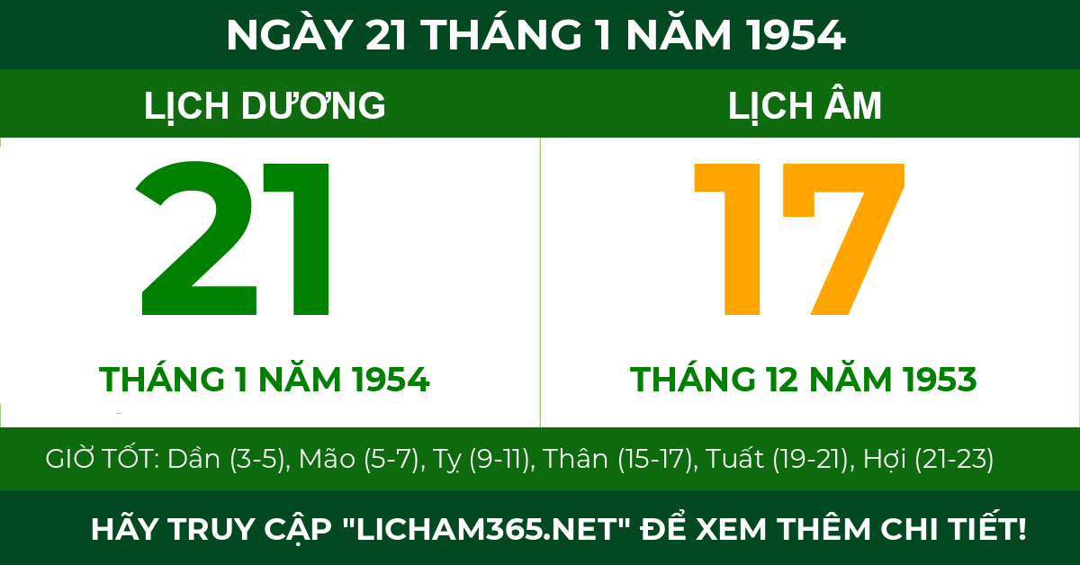 lịch âm ngày 21 tháng 1 năm 1954
