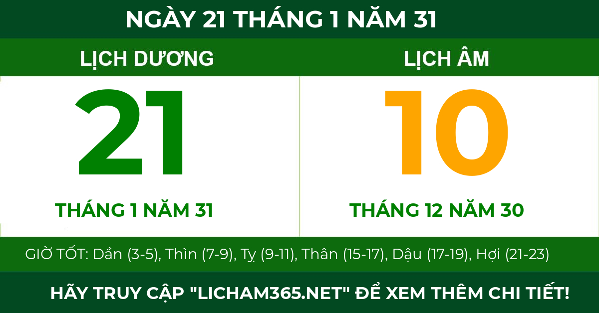 lịch âm ngày 21 tháng 1 năm 31