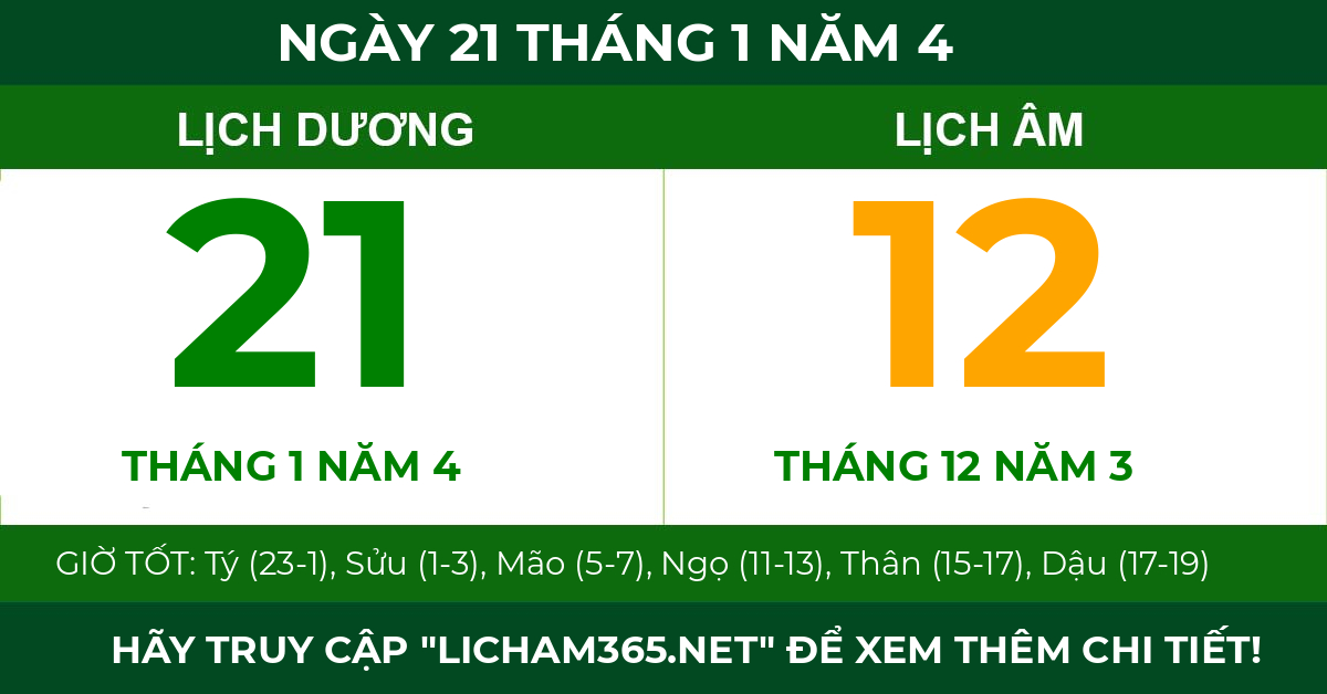 lịch âm ngày 21 tháng 1 năm 4
