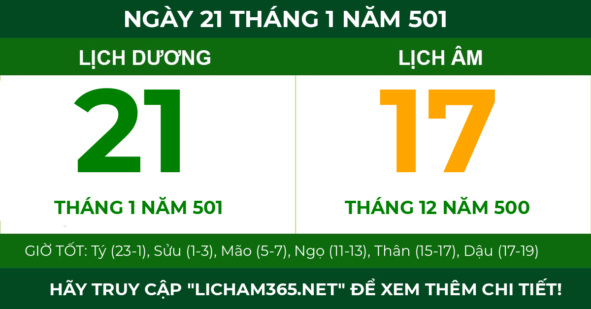lịch âm ngày 21 tháng 1 năm 501