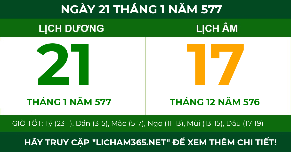 lịch âm ngày 21 tháng 1 năm 577