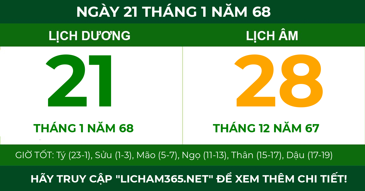lịch âm ngày 21 tháng 1 năm 68