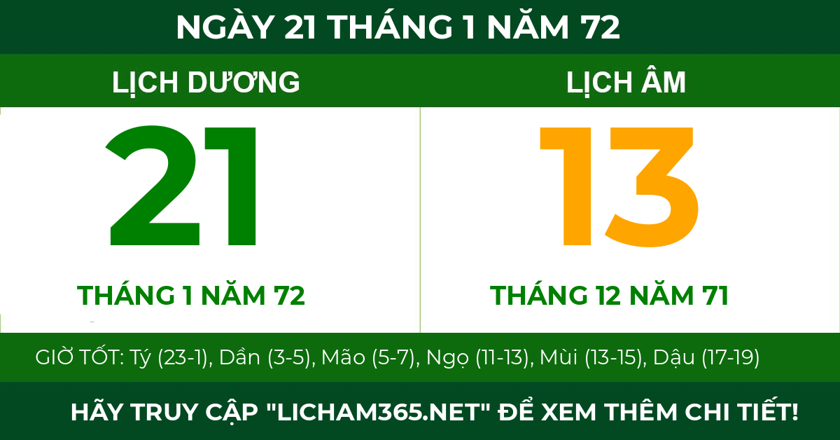 lịch âm ngày 21 tháng 1 năm 72