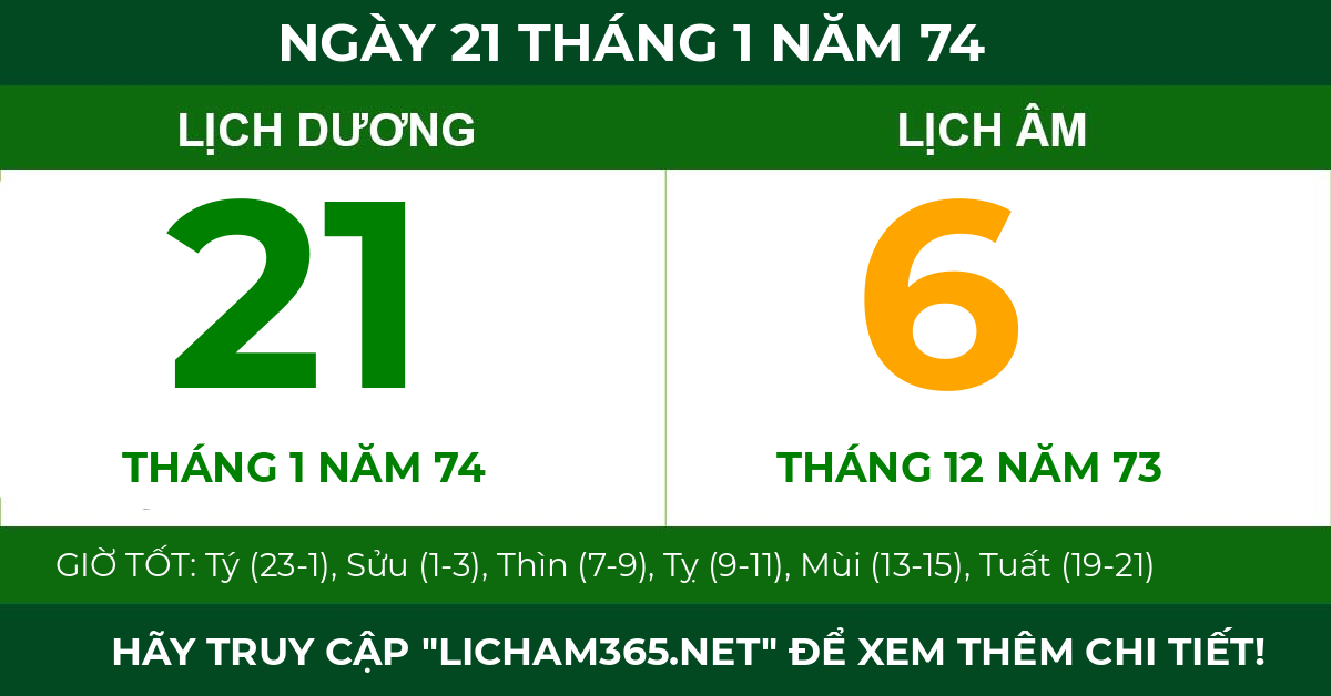 lịch âm ngày 21 tháng 1 năm 74