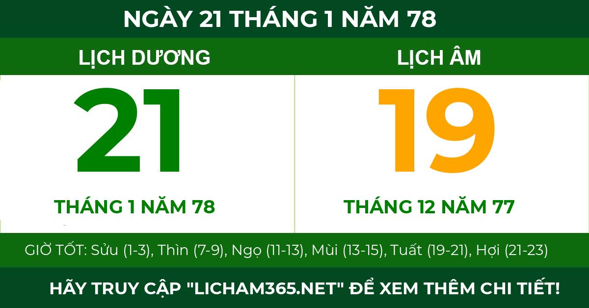lịch âm ngày 21 tháng 1 năm 78