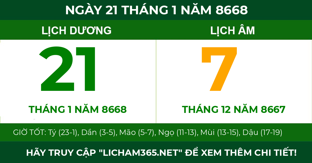 lịch âm ngày 21 tháng 1 năm 8668