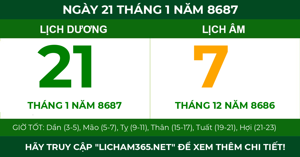 lịch âm ngày 21 tháng 1 năm 8687