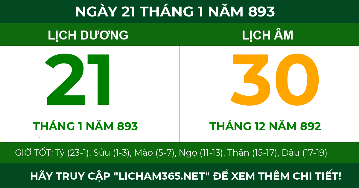 lịch âm ngày 21 tháng 1 năm 893