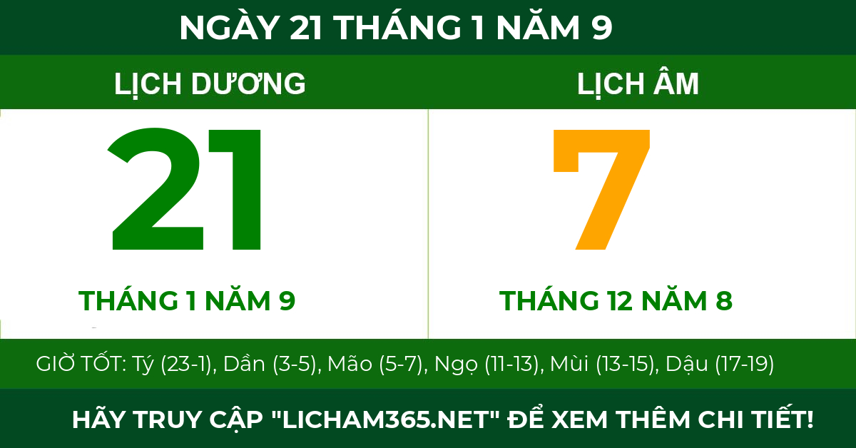 lịch âm ngày 21 tháng 1 năm 9