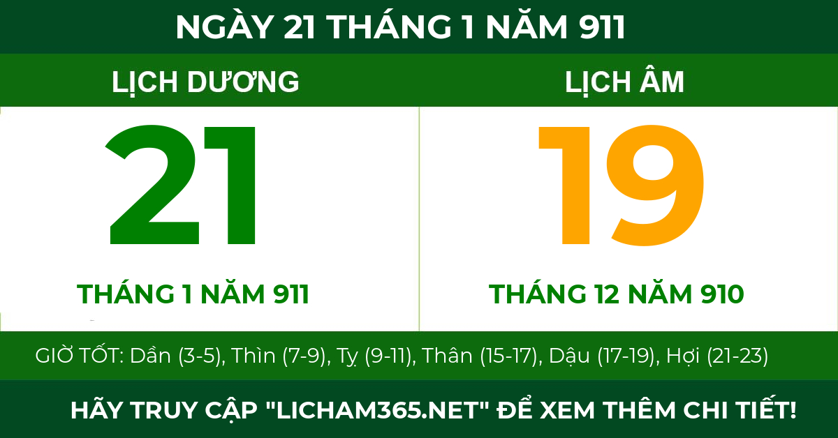 lịch âm ngày 21 tháng 1 năm 911