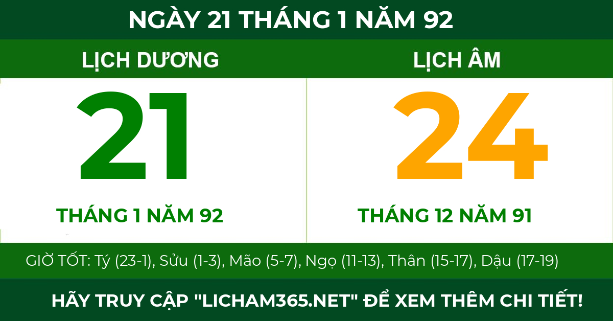 lịch âm ngày 21 tháng 1 năm 92